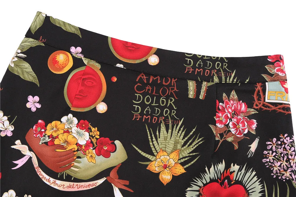 Vintage Black Floral Print A Line Skirt