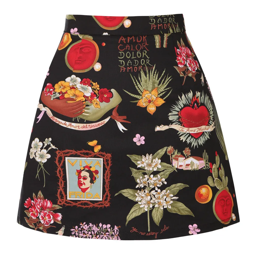 Vintage Black Floral Print A Line Skirt