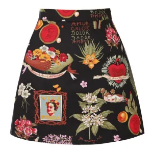 Vintage Black Floral Print A Line Skirt