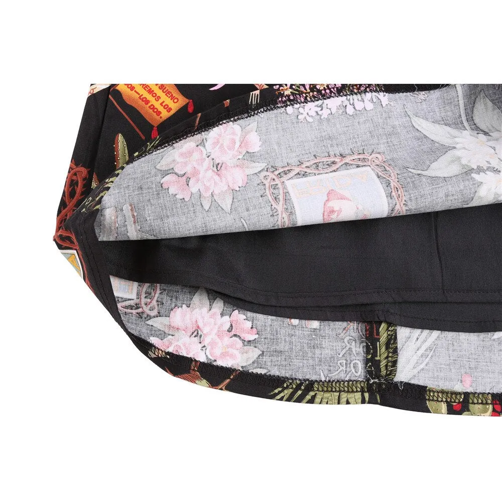Vintage Black Floral Print A Line Skirt