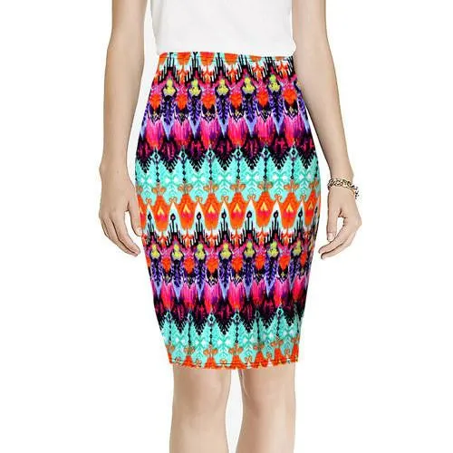 Vintage Fashion Printed Pencil Skirt Midi Women Knee-Length Elastic High Waist Ladies Pattern Skirts