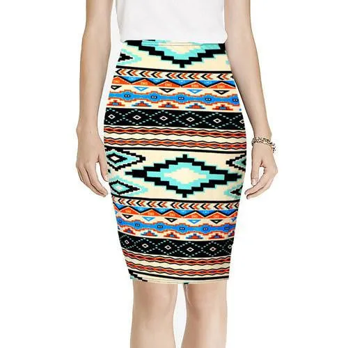 Vintage Fashion Printed Pencil Skirt Midi Women Knee-Length Elastic High Waist Ladies Pattern Skirts