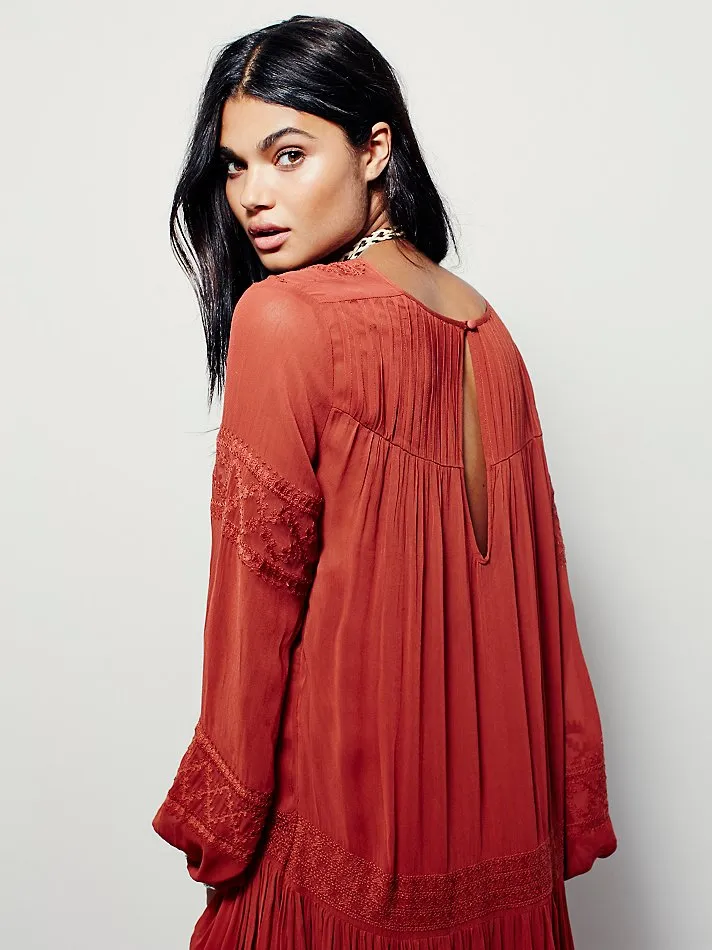 Vintage Long Sleeve Embroideried Orange Red Maxi Dress