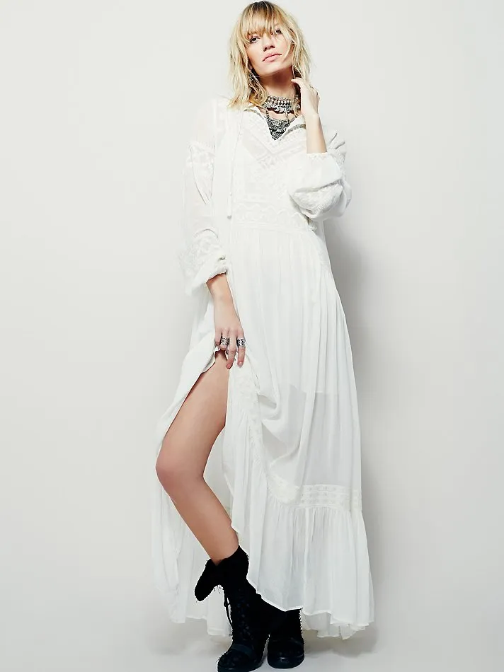 Vintage Long Sleeve Embroideried Orange Red Maxi Dress
