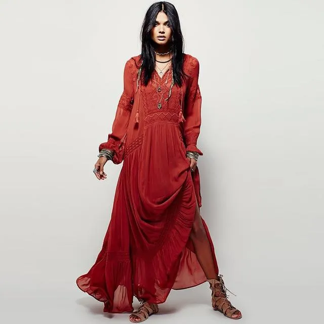 Vintage Long Sleeve Embroideried Orange Red Maxi Dress