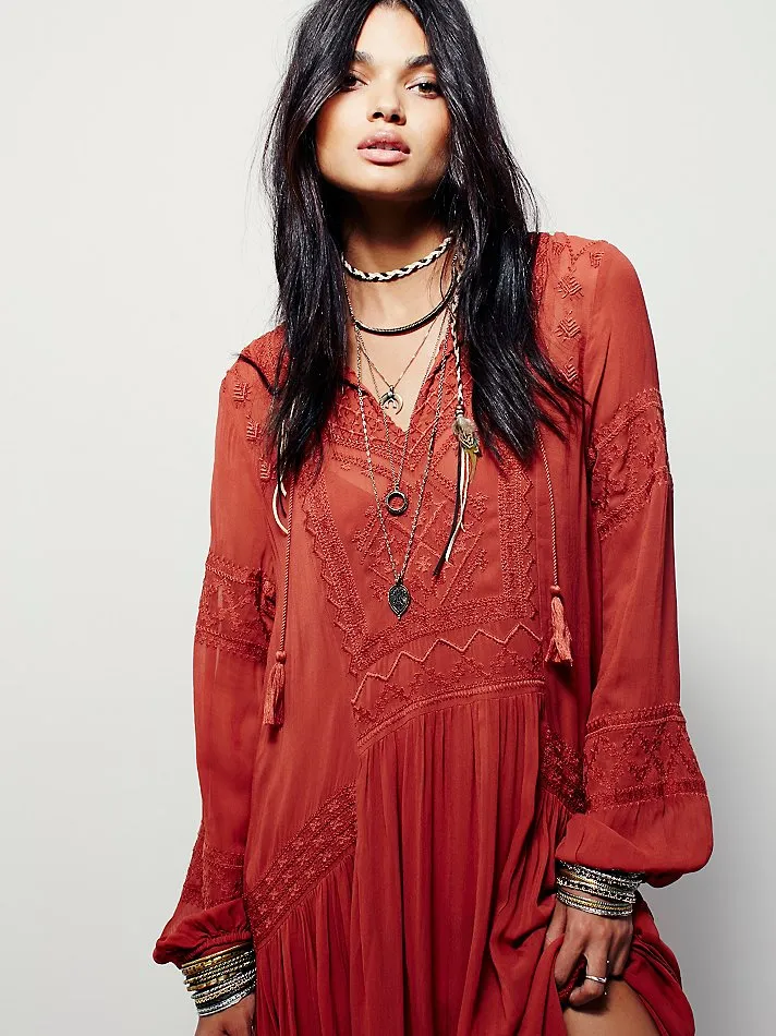 Vintage Long Sleeve Embroideried Orange Red Maxi Dress