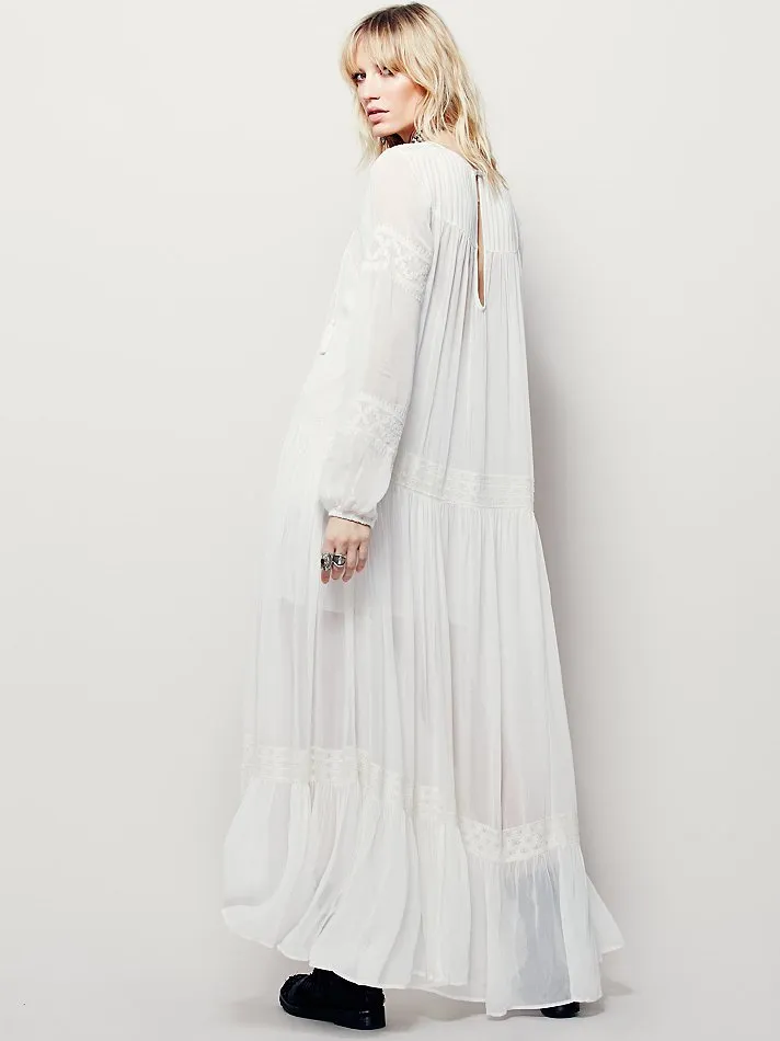 Vintage Long Sleeve Embroideried Orange Red Maxi Dress