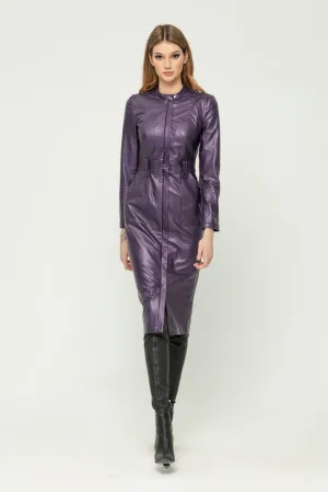 Violet Party Bodycon Crewneck Long Sleeve Below Knee Dress with Pockets