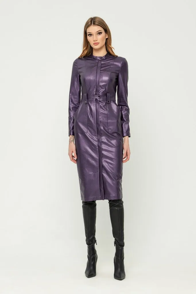 Violet Party Bodycon Crewneck Long Sleeve Below Knee Dress with Pockets