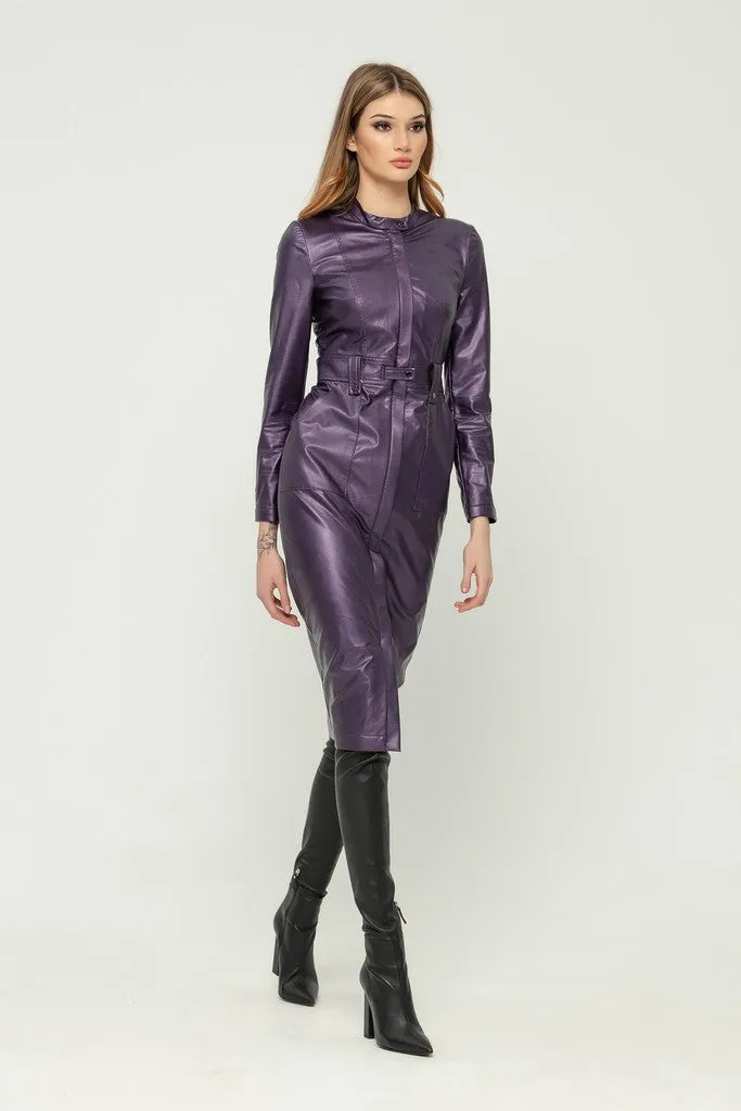 Violet Party Bodycon Crewneck Long Sleeve Below Knee Dress with Pockets
