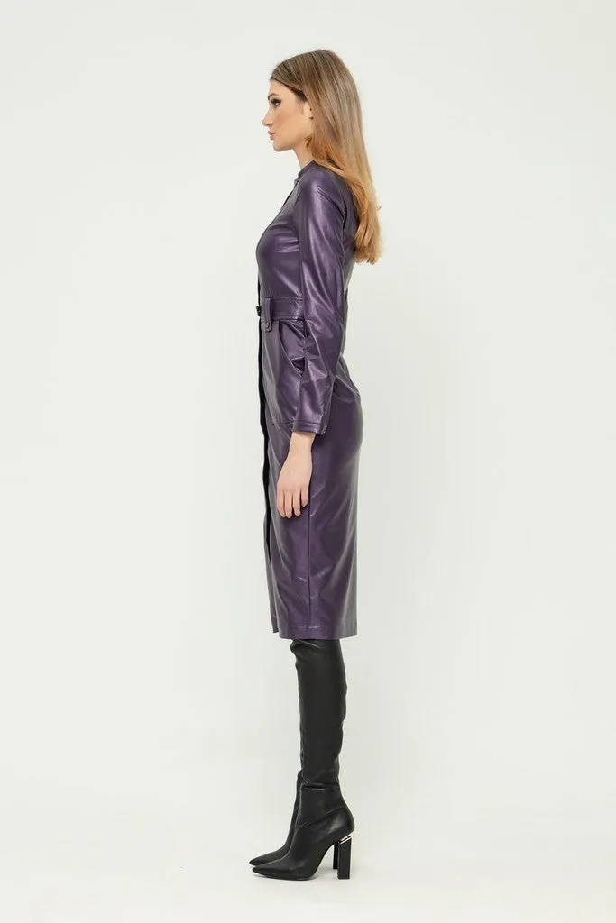 Violet Party Bodycon Crewneck Long Sleeve Below Knee Dress with Pockets