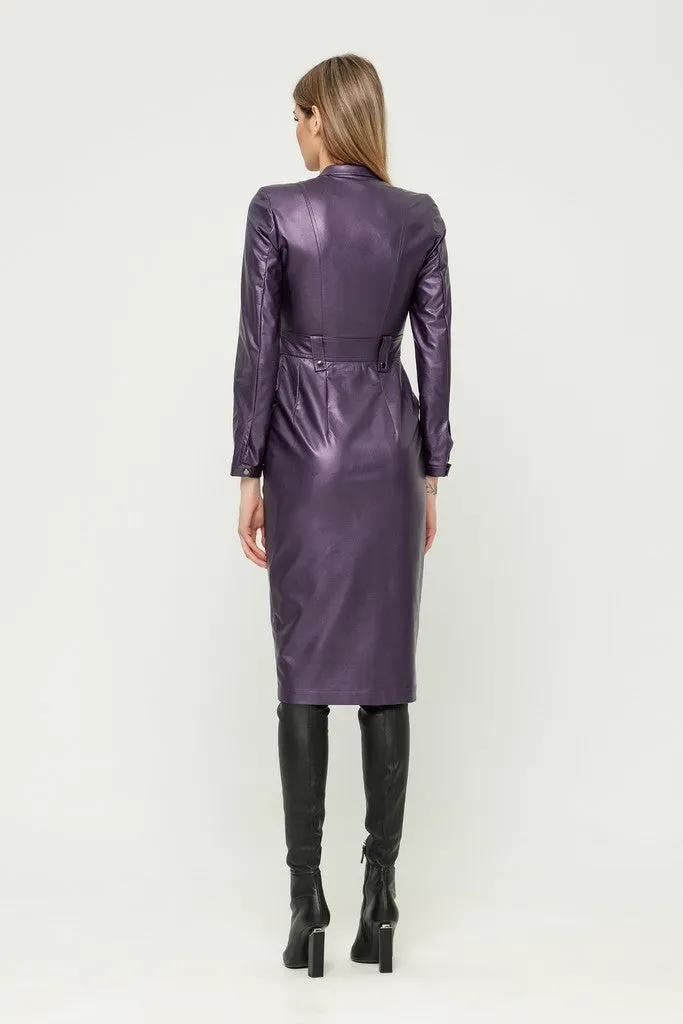 Violet Party Bodycon Crewneck Long Sleeve Below Knee Dress with Pockets