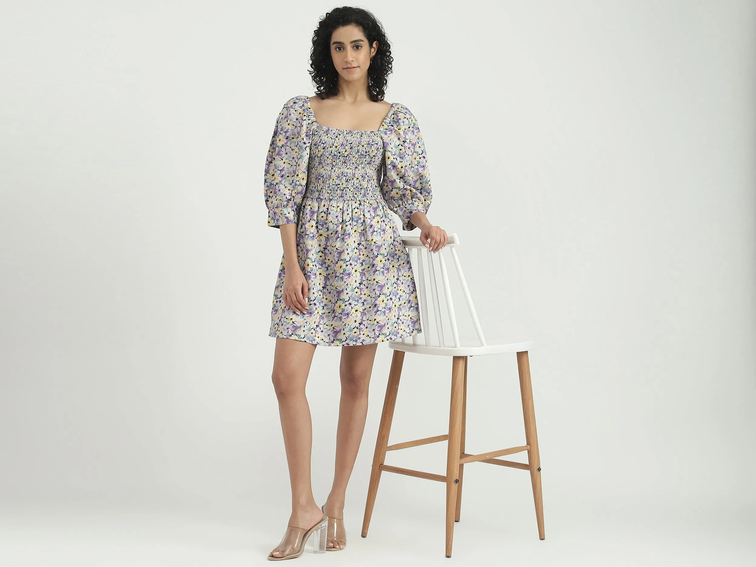Viscose Blend Printed Square Neck Women Dresses