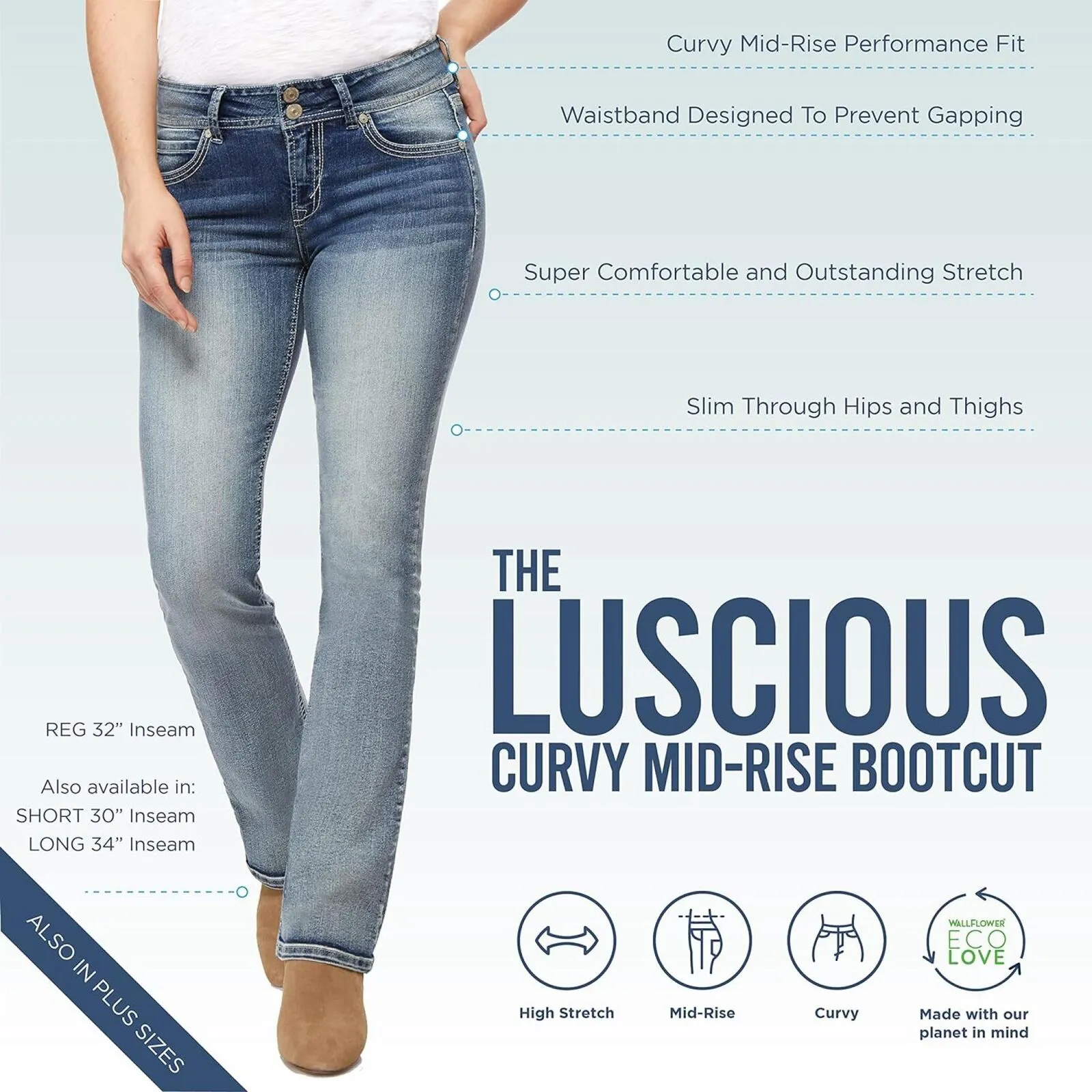 Wallflower Women's Luscious Curvy Bootcut Mid-Rise Insta Juniors Jeans