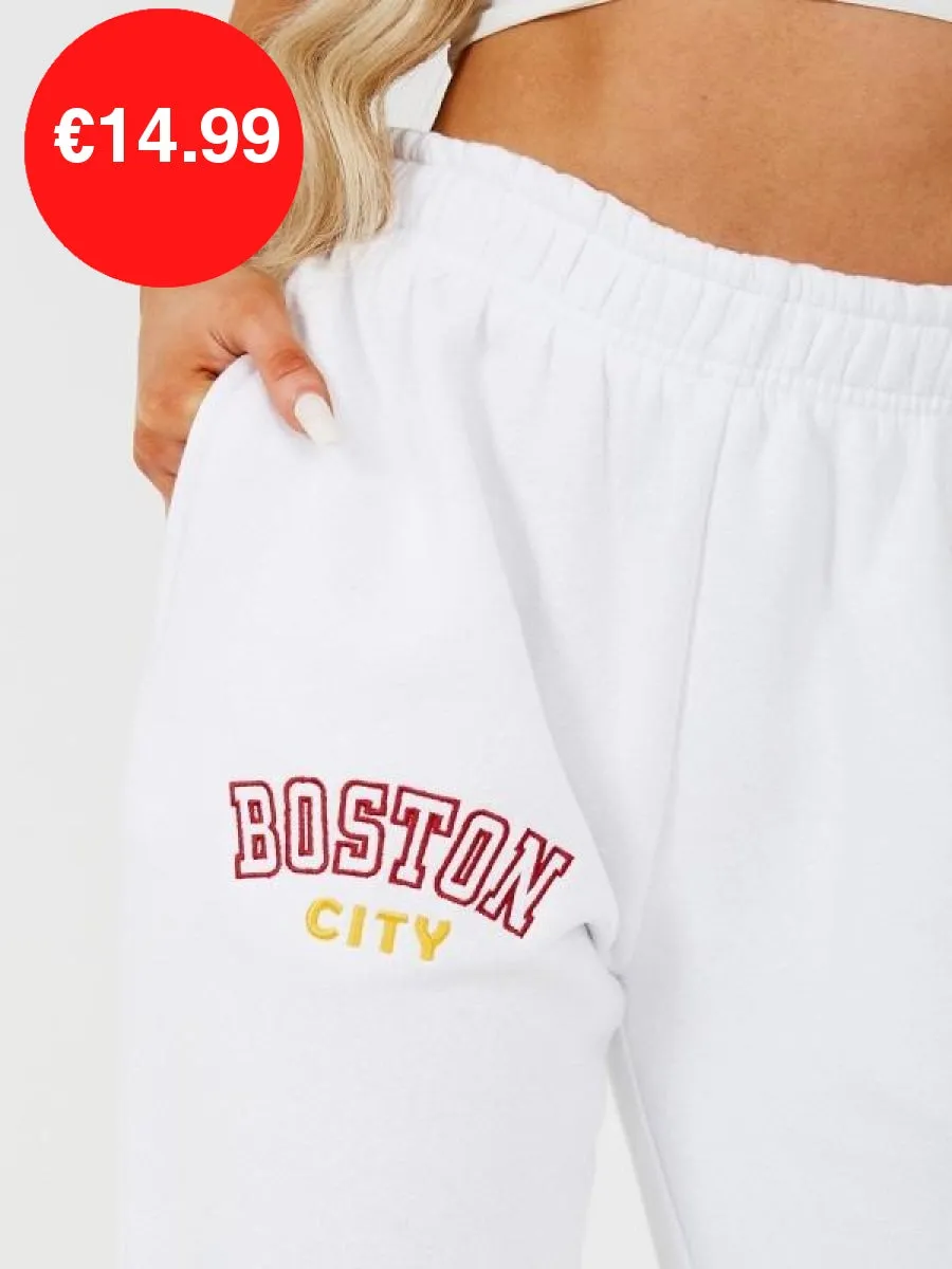 White Boston Embroidered Fleece Jogger