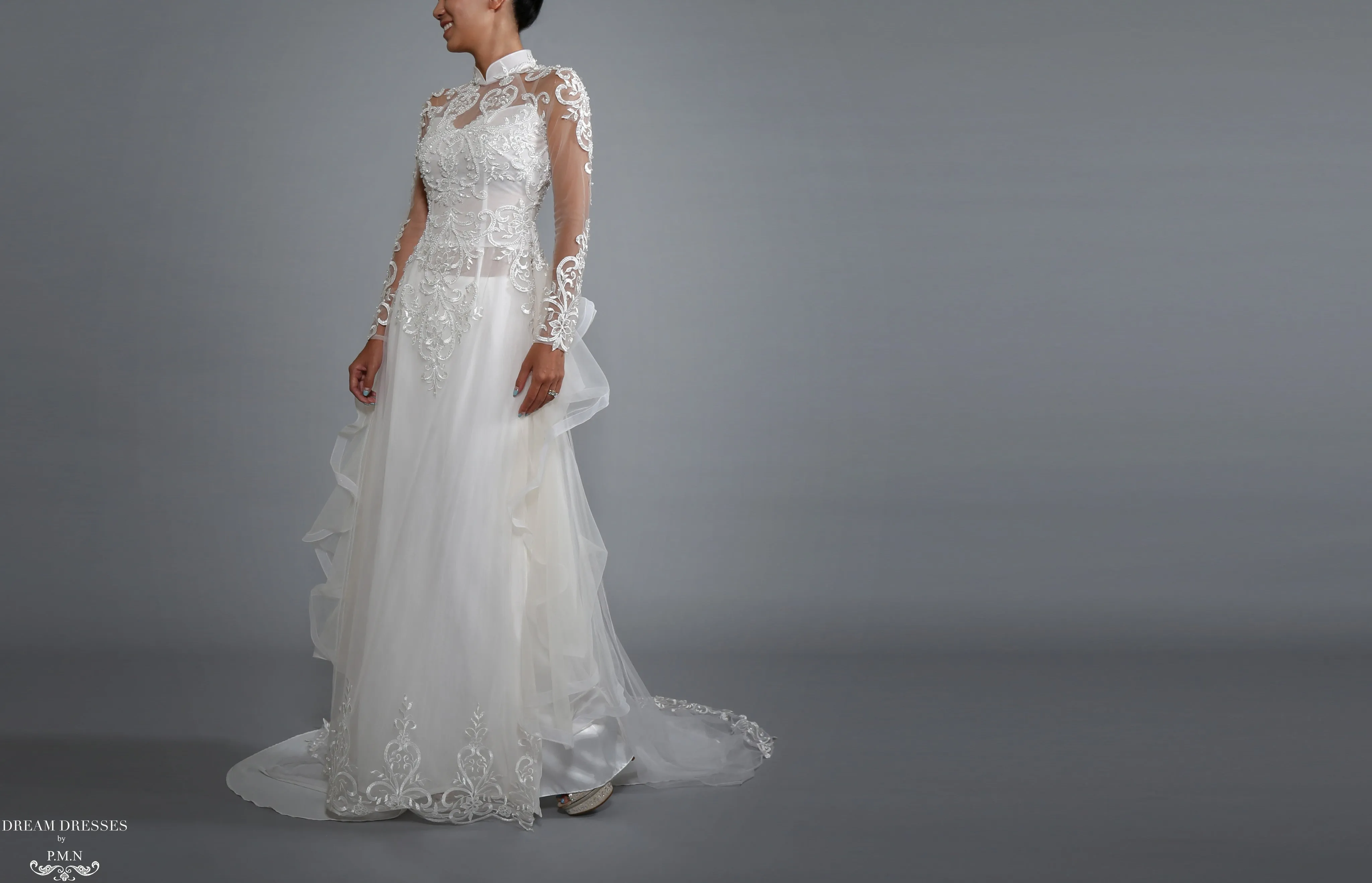 White Bridal Ao Dai | Vietnamese Bridal Dress with Embellishment (#LACINA)