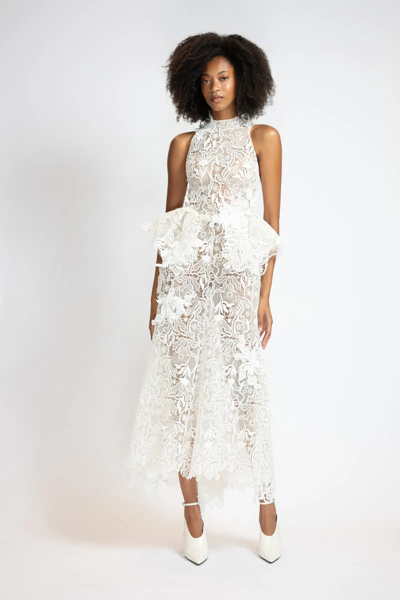 White Nomad Lace Dress With Sculpted Peplum