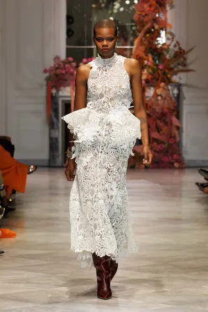White Nomad Lace Dress With Sculpted Peplum