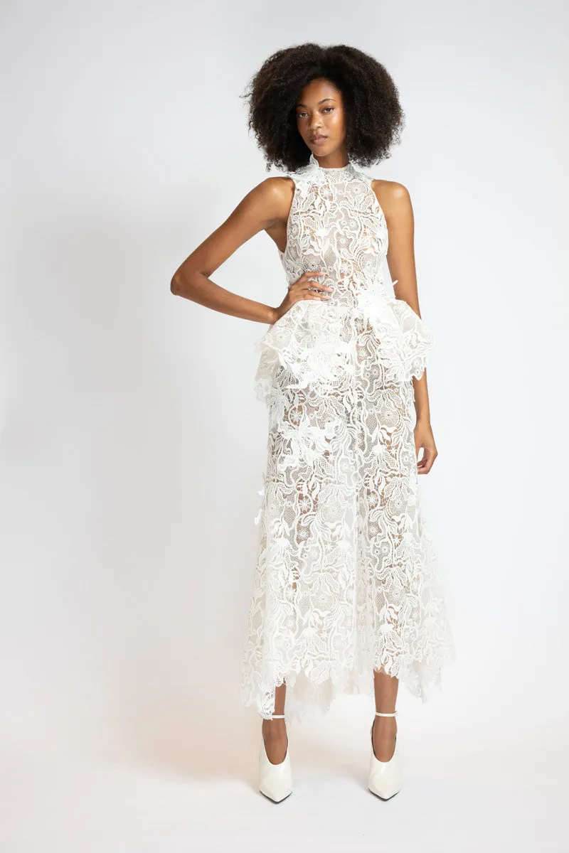 White Nomad Lace Dress With Sculpted Peplum