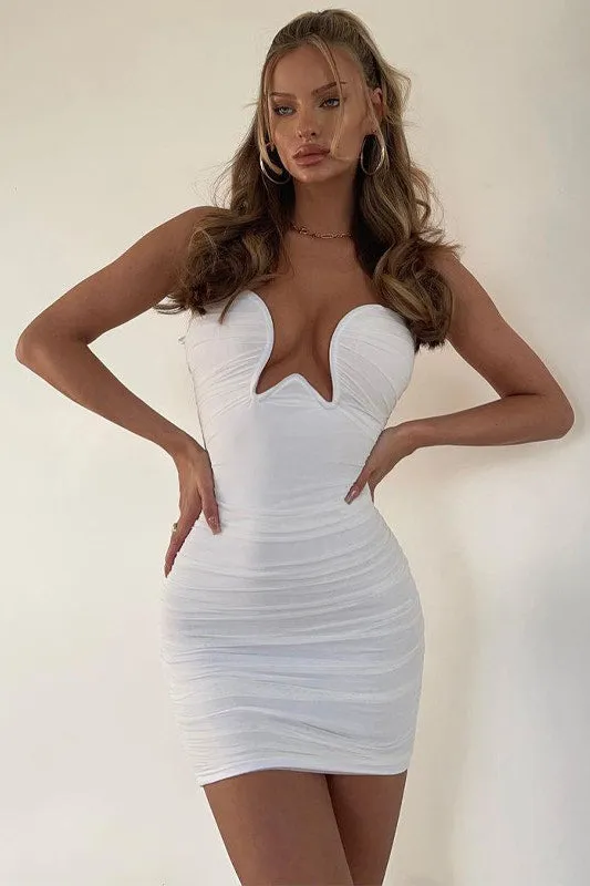 White Ruched Underwired Bandeau Bodycon Mini Dress