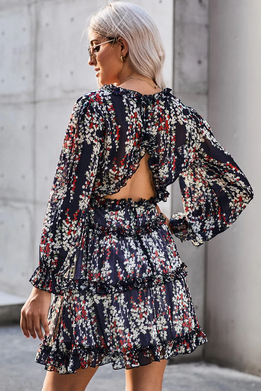 White Ruffle Detailing V-neck Open Back Floral Dress
