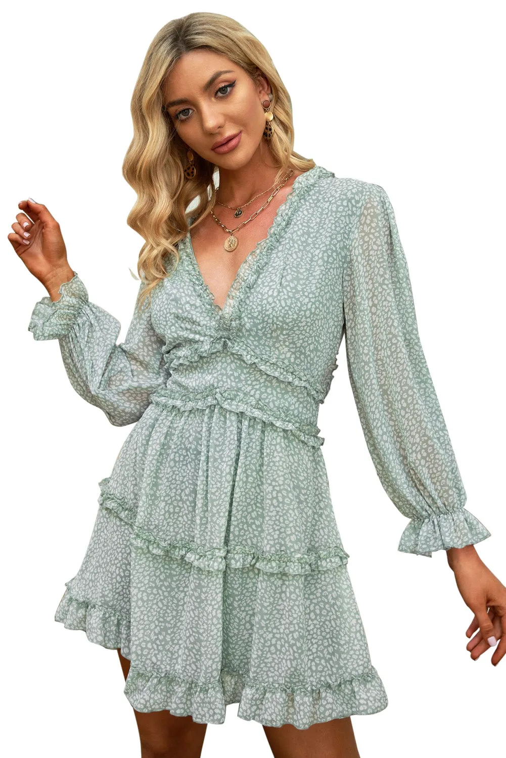 White Ruffle Detailing V-neck Open Back Floral Dress