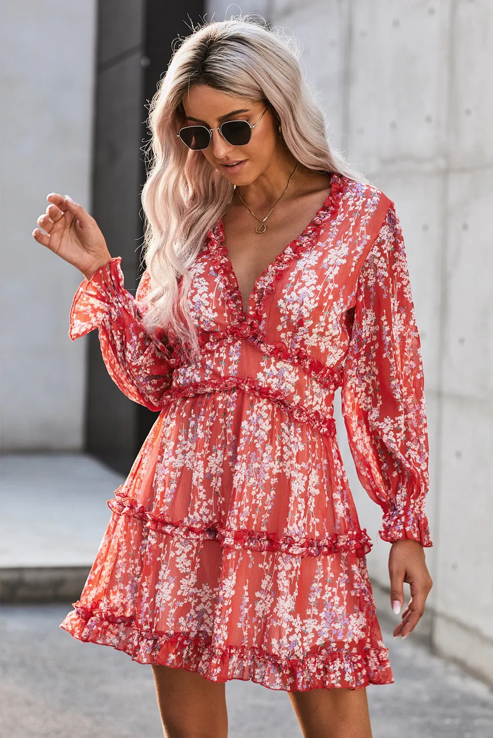 White Ruffle Detailing V-neck Open Back Floral Dress