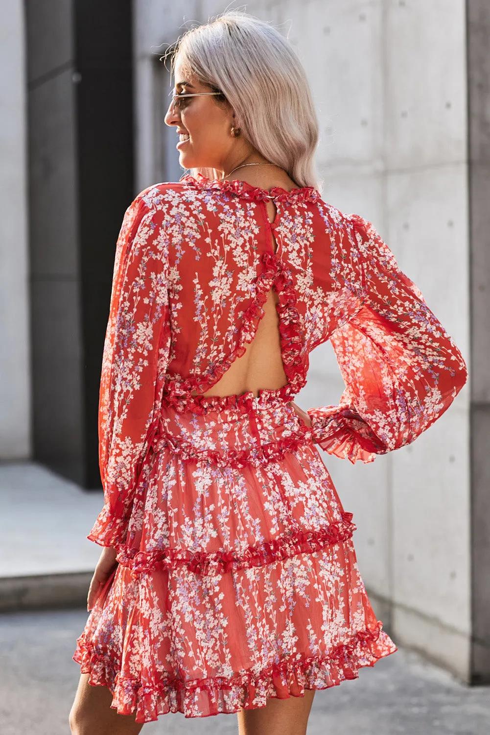 White Ruffle Detailing V-neck Open Back Floral Dress
