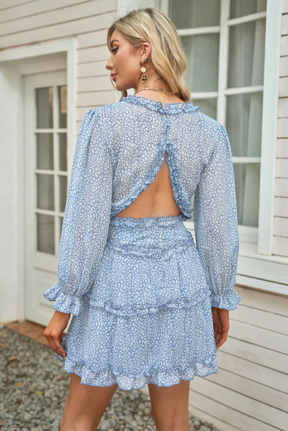 White Ruffle Detailing V-neck Open Back Floral Dress