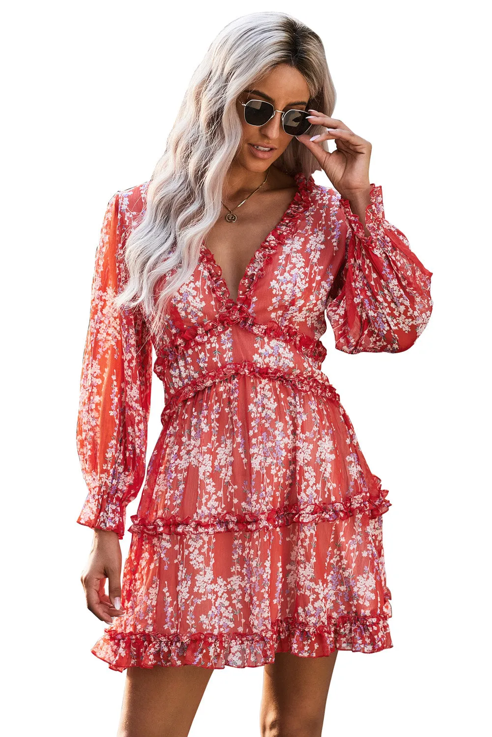 White Ruffle Detailing V-neck Open Back Floral Dress