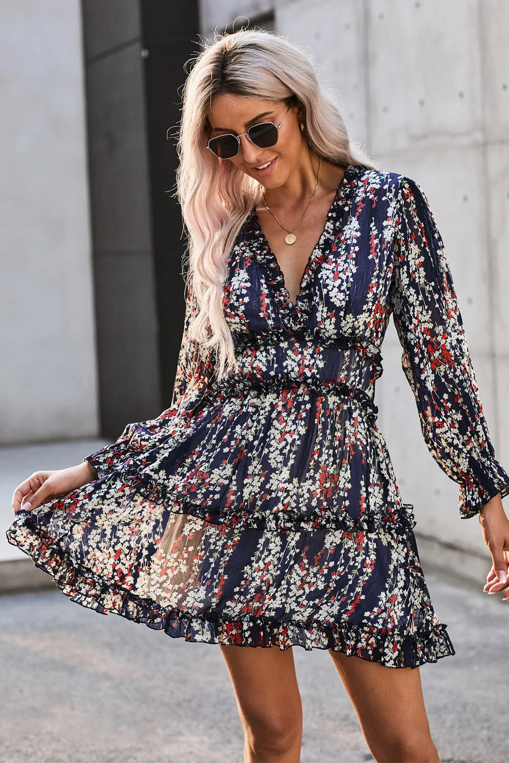 White Ruffle Detailing V-neck Open Back Floral Dress