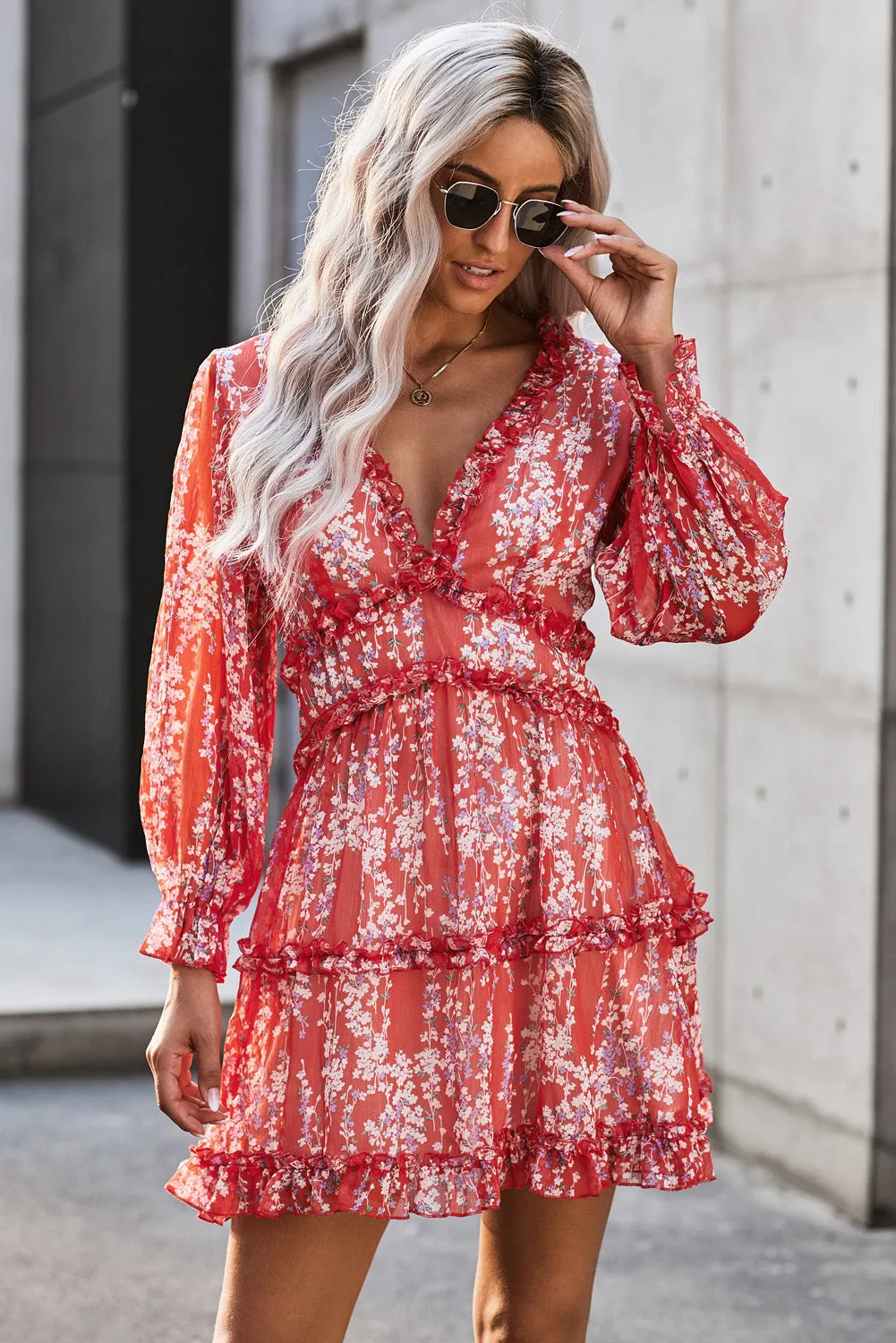 White Ruffle Detailing V-neck Open Back Floral Dress