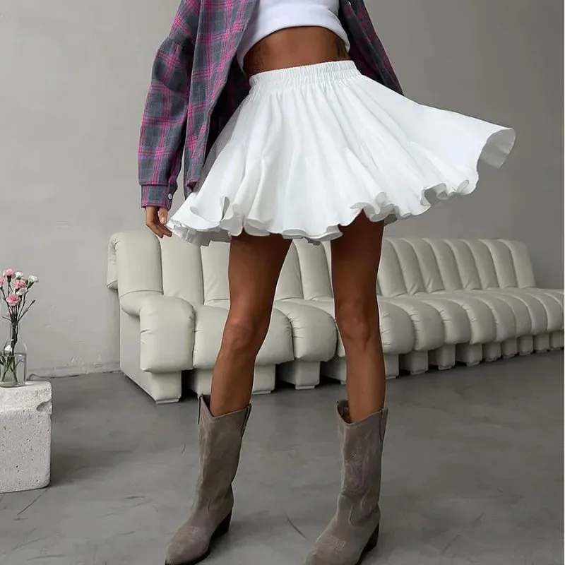 White Ruffle Pleated Mini Skirt – High Waist A-Line Summer Fashion