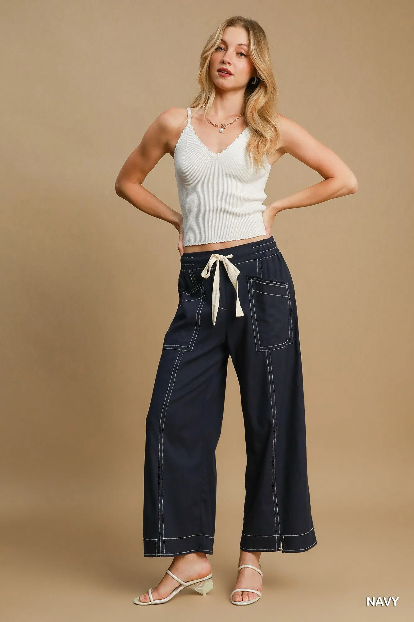 Wide Leg Pull On linen blend Pants