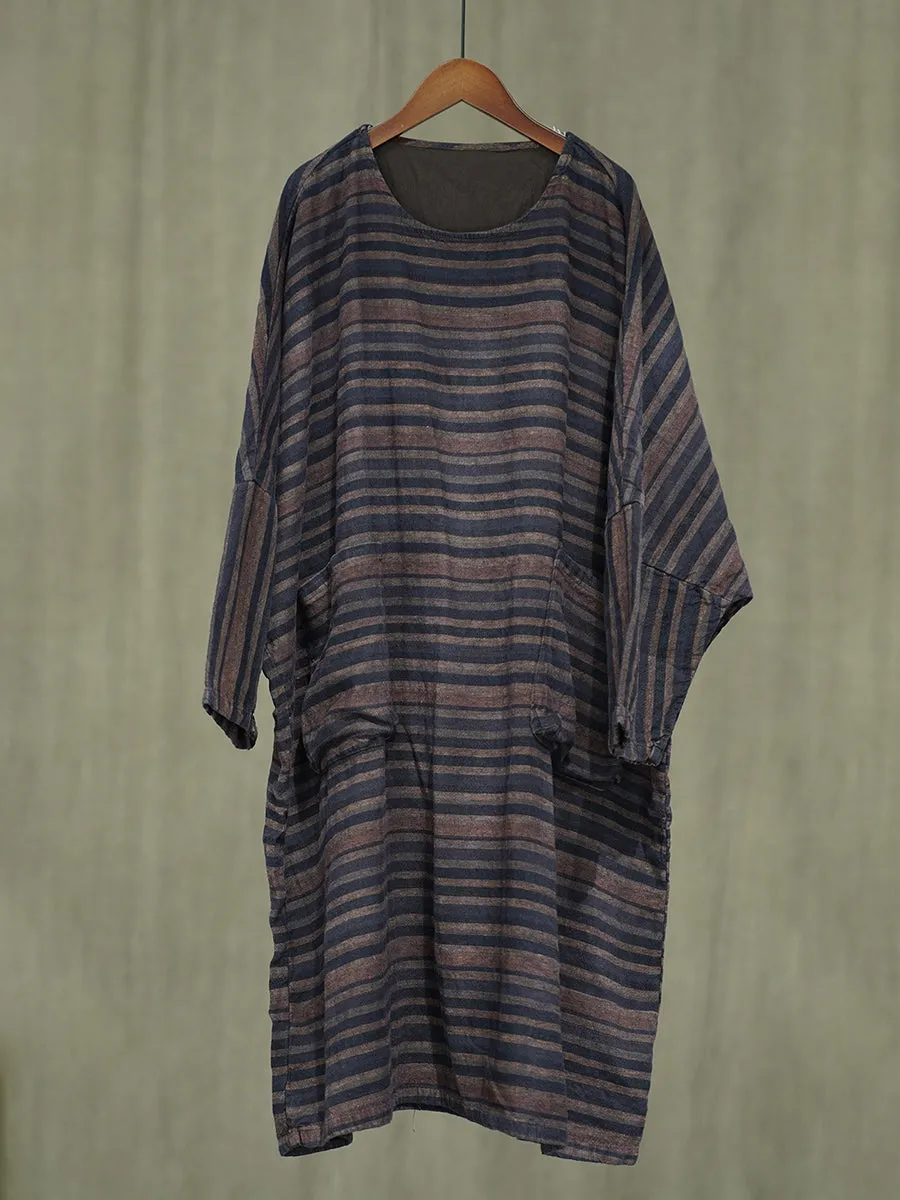 Women Autumn Casual Stripe Linen O-Neck Dress