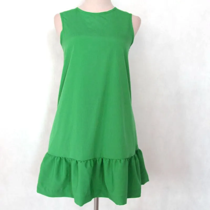 Women Dresses Summer Sleeveless Round Neck Casual Plus Size Beach Solid color Lotus leaf edge Dresses