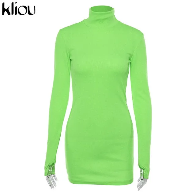 Women elastic skinny dress solid Fluorescence color turtleneck full sleeve thumb holes ladies casual dresses