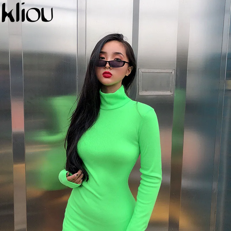 Women elastic skinny dress solid Fluorescence color turtleneck full sleeve thumb holes ladies casual dresses
