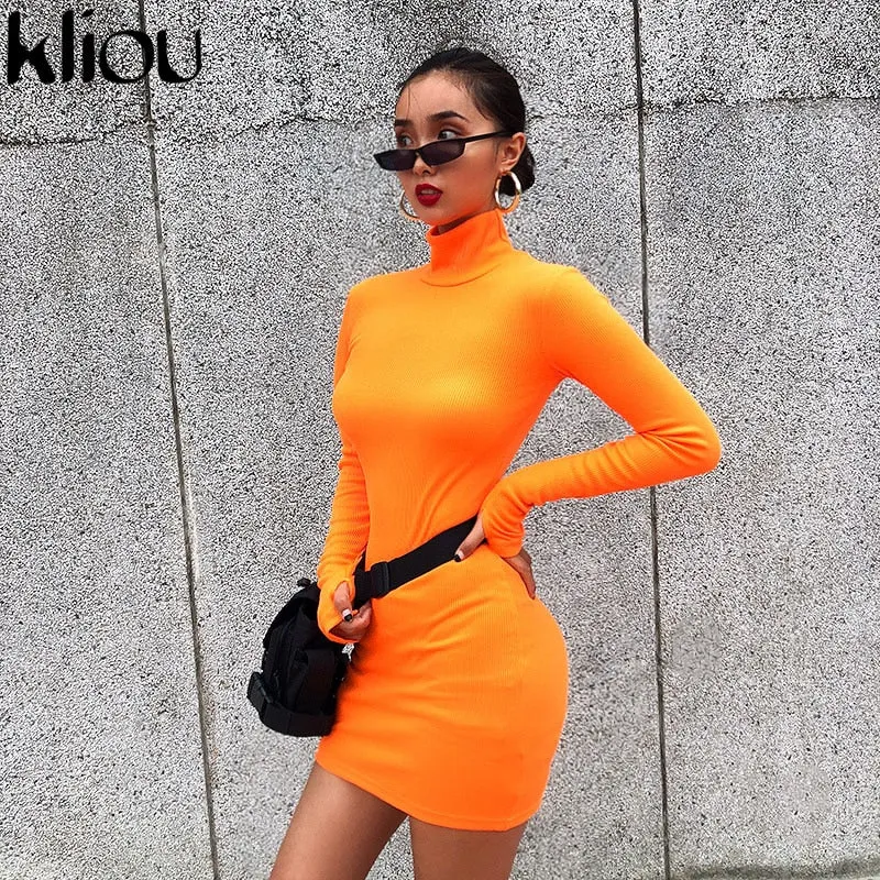 Women elastic skinny dress solid Fluorescence color turtleneck full sleeve thumb holes ladies casual dresses