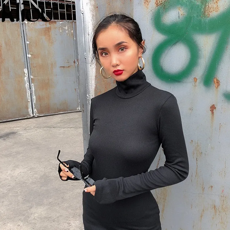 Women elastic skinny dress solid Fluorescence color turtleneck full sleeve thumb holes ladies casual dresses