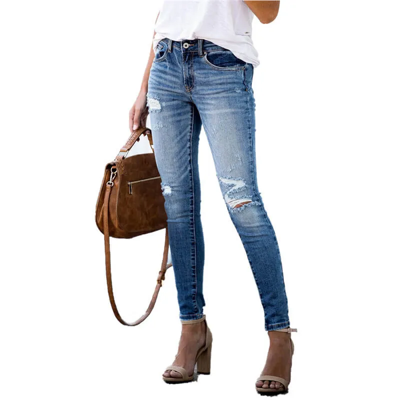 Women Pencil Pants Distressed Jeans Denim Washed Vintage Jeans