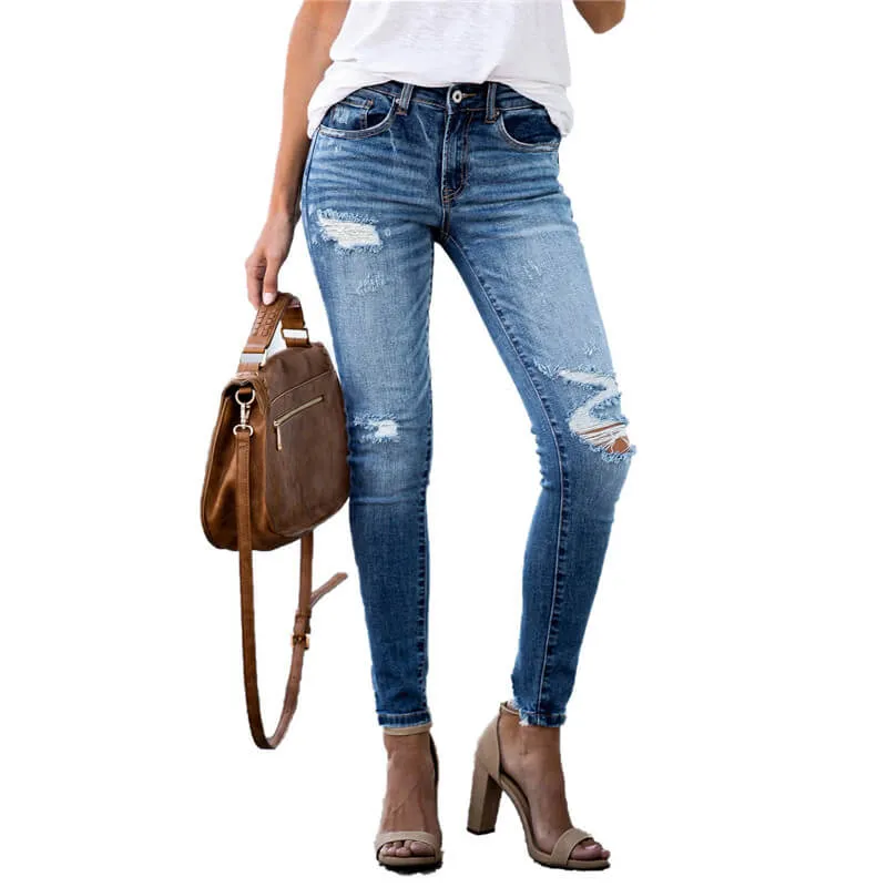 Women Pencil Pants Distressed Jeans Denim Washed Vintage Jeans