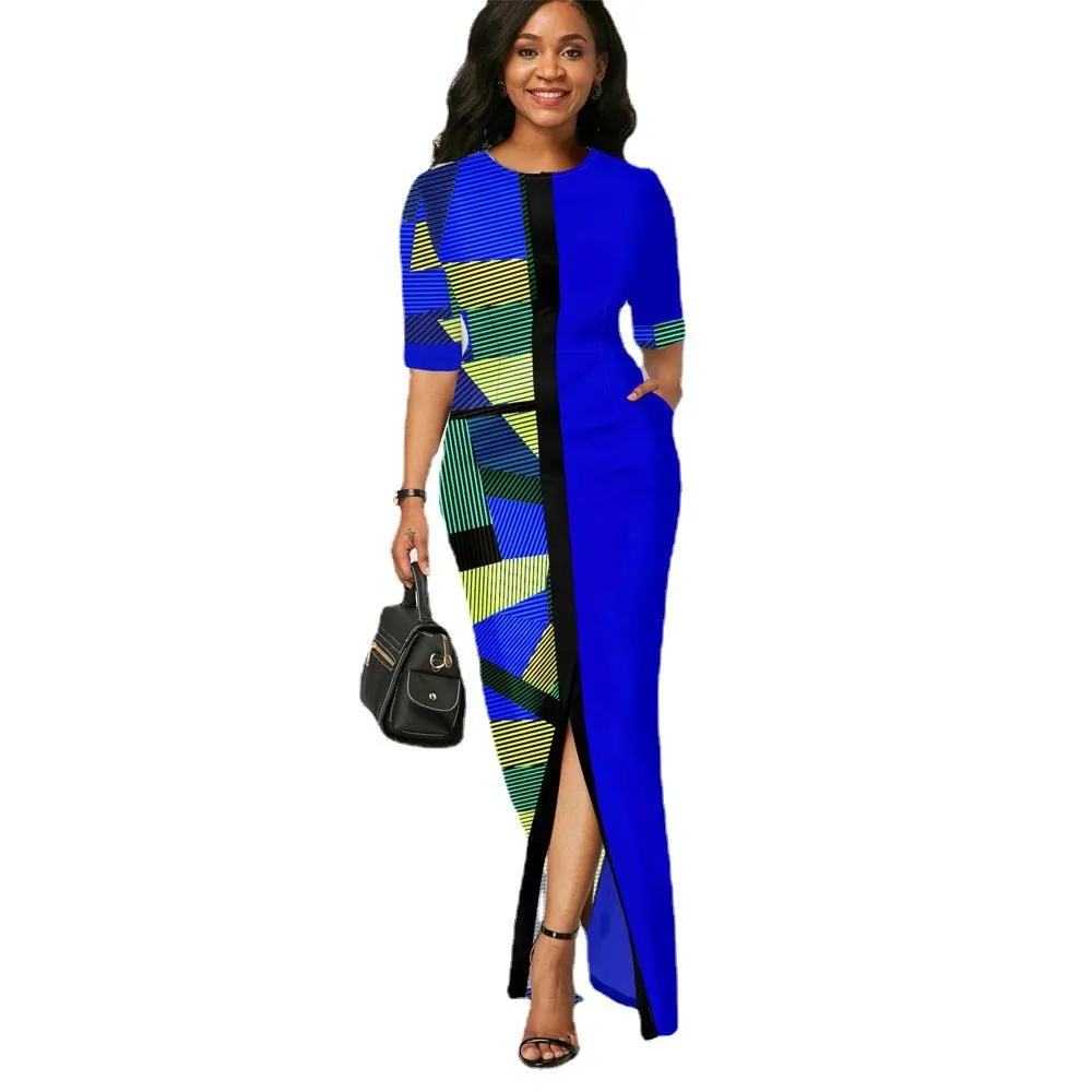 Women Round Neck Split Joint Long Dresses