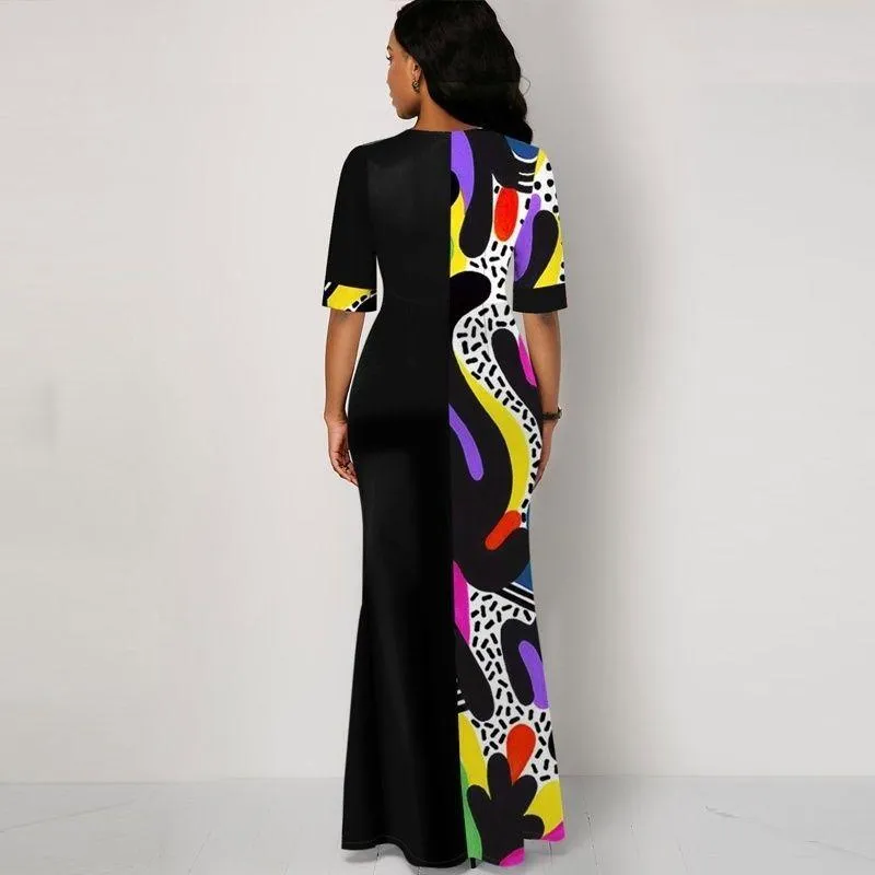 Women Round Neck Split Joint Long Dresses