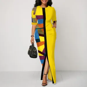 Women Round Neck Split Joint Long Dresses