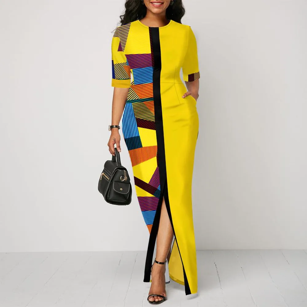 Women Round Neck Split Joint Long Dresses