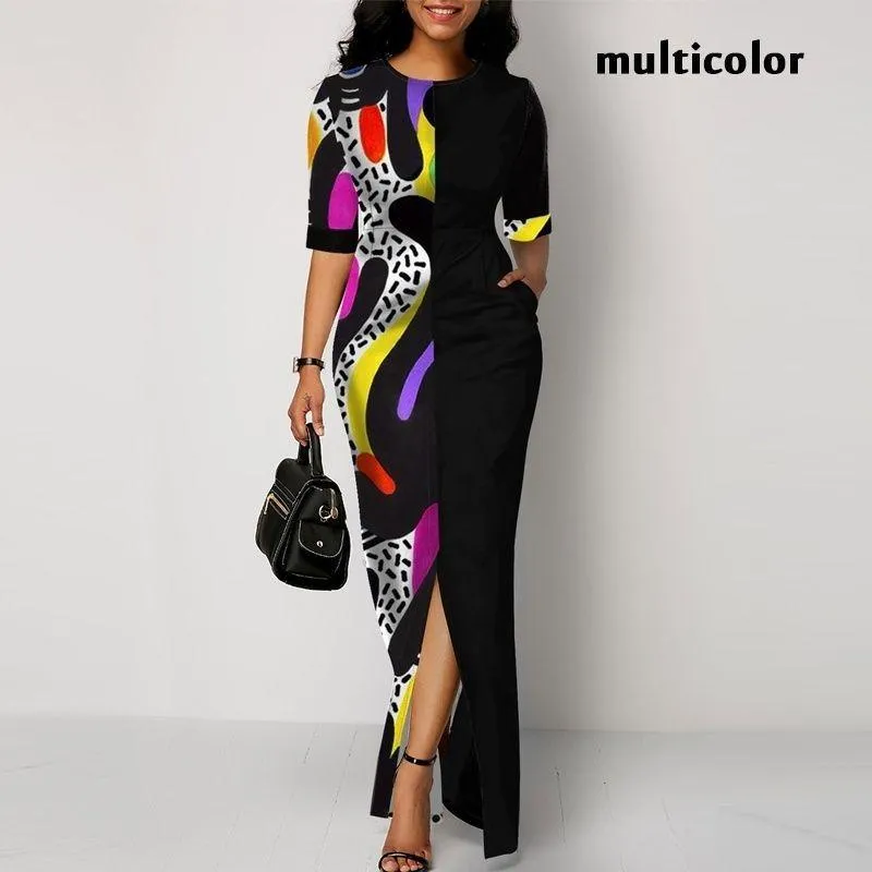 Women Round Neck Split Joint Long Dresses