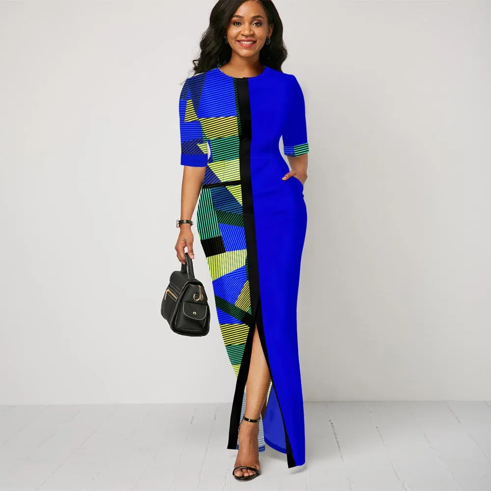 Women Round Neck Split Joint Long Dresses