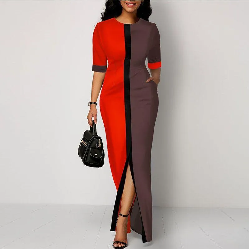 Women Round Neck Split Joint Long Dresses