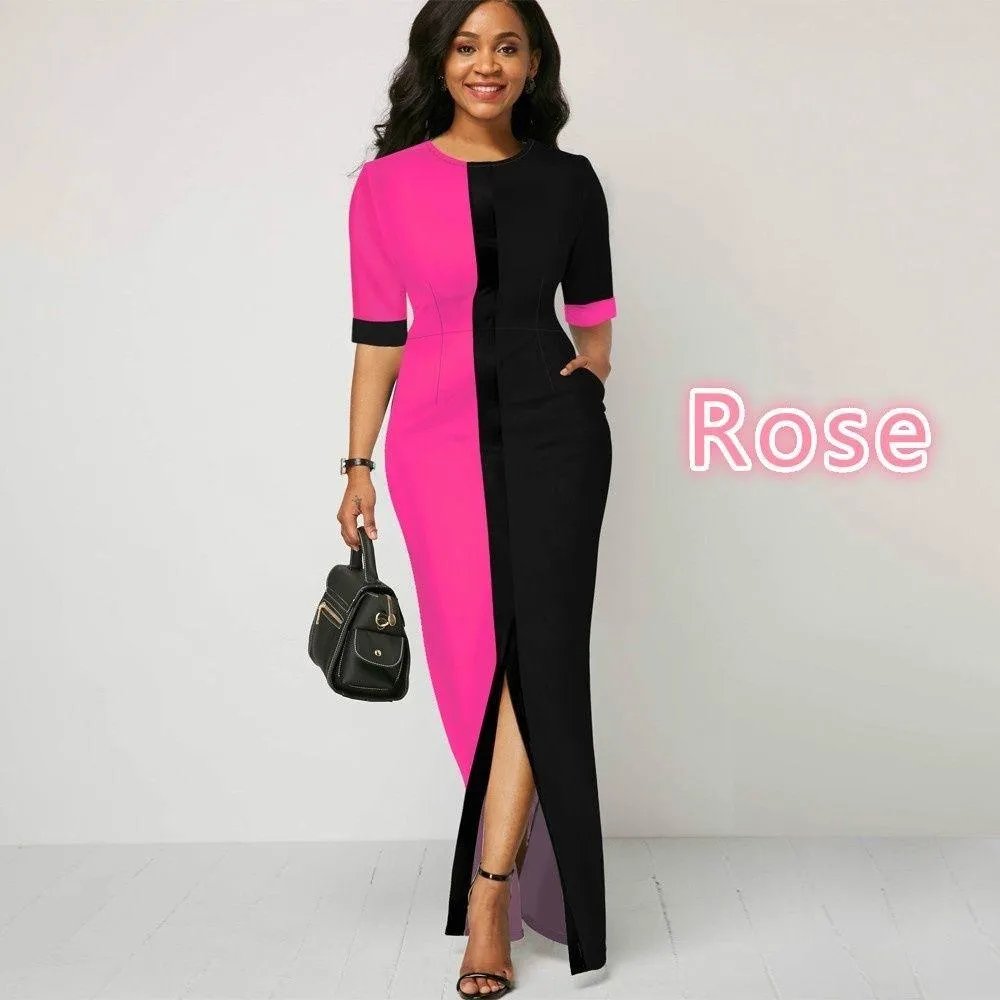 Women Round Neck Split Joint Long Dresses